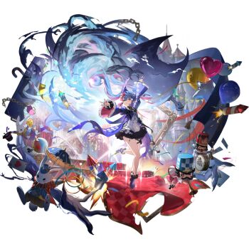 1girl arm_up ball balloon bare_legs blue_hair chain closed_mouth clothing_request fireworks full_body heart_balloon heterochromia highres jewelry legs looking_at_viewer multicolored_hair multiple_rings nutcracker official_art pero_(wuthering_waves) pink_hair red_carpet red_eyes ring roccia_(wuthering_waves) rocket stage star_balloon streaked_hair tacet_mark_(wuthering_waves) transparent_background umbrella wide_sleeves wuthering_waves yellow_eyes