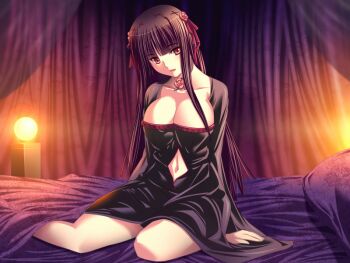 1girl bed black_dress black_hair breasts choker clothing_cutout dress flower flower_choker full_body game_cg hair_flower hair_ornament hilda_(toriko_no_hime) large_breasts long_hair m&amp;m_(mickey_and_mackey) navel navel_cutout on_bed red_eyes sitting solo toriko_no_hime yokozuwari