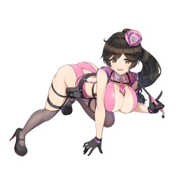 1girl ass baton_(weapon) black_gloves breasts brown_eyes brown_hair butt_crack cleavage dimples_of_venus dolphin_wave fishnet_thighhighs fishnets game_cg gloves hat high_heels highres large_breasts leaning_on_object long_hair looking_at_viewer low-tied_long_hair mole mole_on_breast mole_under_mouth necktie non-web_source official_art ootomo_takuji open_mouth pink_necktie police police_hat police_uniform policewoman ponytail smile solo thighhighs transparent_background weapon yamaba_yume