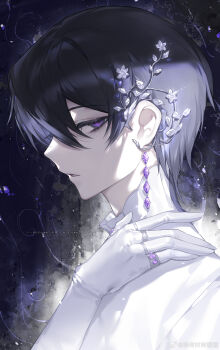 1boy absurdres black_hair code_geass earrings flower from_side gem gloves hair_between_eyes highres jewelry lelouch_vi_britannia long_sleeves looking_at_viewer male_focus open_mouth purple_eyes purple_gemstone ring short_hair solo weibo_6655142211