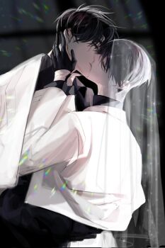 2boys arm_around_back black_coat black_gloves black_hair coat gloves hand_on_another&#039;s_face highres keomikan kim_dokja kiss lens_flare male_focus multiple_boys omniscient_reader&#039;s_viewpoint open_clothes open_coat popped_collar secretive_plotter short_hair upper_body veil white_coat window_light yaoi yoo_joonghyuk