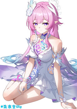 1girl absurdres artist_name bare_shoulders blue_hair breasts closed_mouth commentary_request cyrene_(demiurge)_(honkai:_star_rail) cyrene_(honkai:_star_rail) detached_sleeves diamond-shaped_pupils diamond_(shape) dress full_body gradient_hair hair_ornament highres honkai:_star_rail honkai_(series) long_hair looking_at_viewer medium_breasts multicolored_hair pink_hair pointy_ears purple_eyes qi_ye_zhu_sky simple_background sitting smile solo symbol-shaped_pupils variant_set very_long_hair white_background white_dress yokozuwari