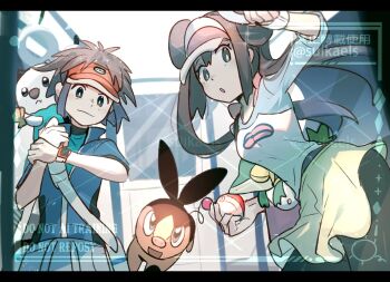 1boy 1girl :&lt; :o black_border black_eyes black_pantyhose blue_eyes blue_jacket border brown_eyes brown_hair donut_hair_bun double_bun fang gen_5_pokemon grey_background hair_bun highres holding holding_poke_ball indoors jacket long_hair looking_at_viewer nate_(pokemon) nintendo open_mouth oshawott pantyhose pantyhose_under_shorts pig poke_ball pokemon pokemon_(creature) pokemon_bw2 raglan_sleeves rosa_(pokemon) short_hair shorts simple_background snake snivy standing starter_pokemon_trio suikaels tepig twintails upper_body visor_cap watermark watermark_grid yellow_shorts