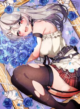 absurdres armband black_hair blue_flower blue_rose blush bouquet commentary_request flower garter_straps grey_hair hair_flower hair_ornament highres hololive long_hair looking_at_viewer multicolored_hair open_mouth plaid_clothes plaid_skirt red_eyes rose sakamata_chloe sakamata_chloe_(1st_costume) satsuki_(pixiv_742410) skirt smile streaked_hair thighhighs torn_clothes torn_thighhighs virtual_youtuber
