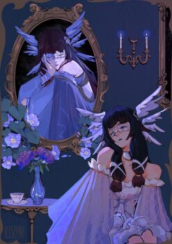 1girl angel_wings_hair_ornament armlet artist_name bandaged_hand bandages candlestand closed_eyes closed_mouth columbina_(genshin_impact) commentary dress elvyn english_commentary genshin_impact hair_ornament hand_on_own_cheek hand_on_own_face head_wings highres jewelry mirror ribbon sitting white_dress white_mask white_ribbon white_wings wings x_hair_ornament