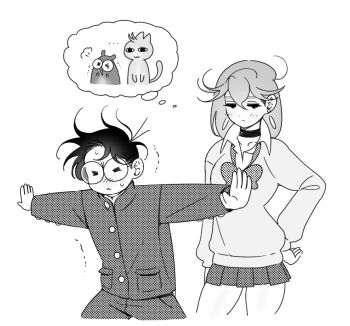 1boy 1girl animal_ears animalization ayase_momo black_choker black_hair black_jacket black_pants blush bow bowtie breasts cat_ears cat_tail choker collared_shirt cowboy_shot dandadan earrings gakuran glasses greyscale hair_between_eyes hamster_ears hand_on_own_hip image_in_thought_bubble jacket jewelry light_blush medium_breasts medium_hair monochrome outstretched_arms pants parted_bangs pleated_skirt round_eyewear school_uniform screentones shirt shirt_under_sweater short_hair skirt sweatdrop sweater tail takakura_ken_(dandadan) white_background y8brass