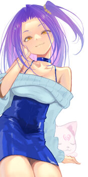 1girl blue_dress commentary_request dress eyelashes hair_ornament half_updo happy highres hummy_(suite_precure) jj_(ssspulse) kurokawa_eren long_hair looking_at_viewer off-shoulder_dress off_shoulder precure purple_hair seiren_(suite_precure) side_ponytail simple_background smile solo standing suite_precure white_background yellow_eyes