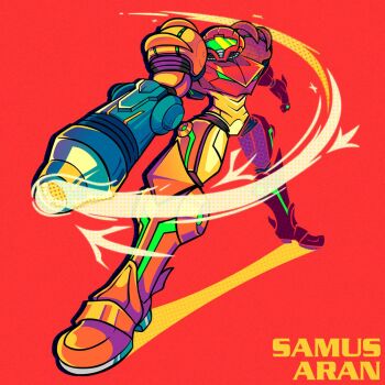Rule 34 | arm cannon, armor, assault visor, character name, commentary, english commentary, light trail, metroid, ngz0ne, nintendo, power armor, power suit (metroid), red armor, red background, samus aran, simple background, two-tone armor, varia suit, weapon