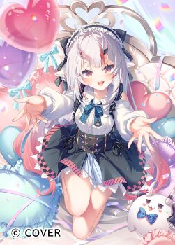 1girl :d balloon black_skirt blue_ribbon center-flap_bangs center_frills clothing_cutout collared_shirt commentary_request confetti copyright_name frilled_hairband frilled_shirt frilled_shirt_collar frills full_body gradient_hair grey_hair hair_between_horns hairband heart_balloon heart_pasties high-waist_skirt hololive horns ktm lolita_fashion long_hair long_sleeves looking_at_viewer miniskirt multicolored_hair nakiri_ayame nakiri_ayame_(girly) neck_ribbon official_alternate_costume official_alternate_hairstyle official_art oni open_mouth overskirt pasties pillow pinstripe_pattern pinstripe_skirt poyoyo_(nakiri_ayame) reaching reaching_towards_viewer red_eyes red_hair ribbon shirt shoulder_cutout skin-covered_horns skirt smile solo streaked_hair suspender_skirt suspenders teeth upper_teeth_only very_long_hair virtual_youtuber white_shirt white_skirt