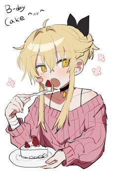 1boy ^_^ absurdres bandaged_arm bandages bare_shoulders birthday birthday_cake black_bow black_choker black_tank_top blonde_hair blush bow cake cake_slice choker closed_eyes coin_(ornament) eating envy_elika_(koyashaka) fang flower food fork fruit hair_bow highres koyashaka long_eyelashes long_sidelocks off-shoulder_sweater off_shoulder open_mouth original pale_skin pink_sweater plate short_hair_with_long_locks sidelocks strawberry sweater tank_top trap upper_body yellow_eyes