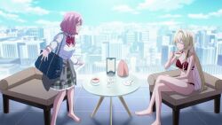 2girls amaori_renako animated bikini blonde_hair blue_eyes cup english_text highres mug multiple_girls ouzuka_mai pink_hair poolside purple_eyes red_bikini sound subtitled swimsuit tagme tea video watashi_ga_koibito_ni_nareru_wake_naijan_murimuri! yuri