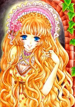 1girl arm_at_side blonde_hair blue_eyes bonnet braid breasts cleavage commentary_request crown_braid doorway dress floral_print floral_print_dress grin hand_up ichiha_sanami jewelry long_hair medium_breasts necklace ornate_ring pearl_necklace pink_bonnet plant playing_with_own_hair print_dress puffy_short_sleeves puffy_sleeves rapunzel_(fairy_tale) rapunzel_(fairy_tale_character) ring short_sleeves smile solo traditional_media upper_body very_long_hair vines wavy_hair yellow_dress