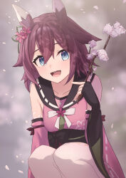 Rule 34 | 1girl, animal ears, black bow, black gloves, blue eyes, blurry, blurry background, blush, bow, breasts, brown hair, commentary request, cowboy shot, detached sleeves, ear covers, elbow gloves, fingerless gloves, flower, gloves, hair flower, hair ornament, high-waist skirt, highres, holding, horse ears, horse girl, japanese clothes, long sleeves, looking at viewer, medium breasts, obi, open mouth, pink flower, pleated skirt, sakura chiyono o (umamusume), sash, short hair, sideboob, skirt, smile, solo, squatting, umamusume, white skirt, wide sleeves, yu sakae