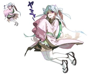 1girl absurdres backpack bag black_sandals bow brown_hair character_request cherry_blossom_print copyright_request evil_smile favnvs_(s910a_ib6) floating_clothes floral_print frilled_skirt frills full_body green_skirt grey_hair hair_bow highres japanese_clothes kimono long_hair long_sleeves miniskirt multicolored_hair open_mouth original pink_kimono purple_eyes reference_inset sandals shaded_face sidelocks simple_background skirt smile solo spiked_shell tabi thighhighs touhou turtle_shell twintails two-tone_hair very_long_hair white_background white_bow white_thighhighs wide_sleeves zouri