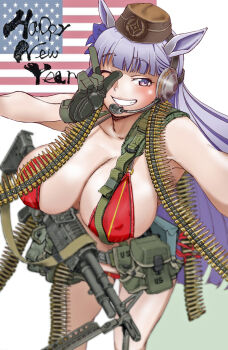 Rule 34 | 1girl, :d, american flag, ammunition belt, animal ears, belt, blunt bangs, bow, breasts, brown hat, commentary request, covered erect nipples, ear covers, ear ribbon, gloves, gold ship (umamusume), green gloves, grin, gun, hand up, happy new year, hat, headphones, headset, horse ears, horse girl, huge breasts, long hair, looking at viewer, nakamura 3sou, new year, one eye closed, open mouth, pillbox hat, pouch, purple bow, purple eyes, purple hair, rifle, smile, solo, standing, thighs, umamusume, weapon, weapon request
