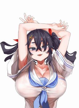 1girl armpit_peek arms_up asanagi black_eyes black_hair blue_neckerchief blue_trim breasts cleavage commentary_request cross cross_hair_ornament crossed_arms crossed_bangs downturned_eyes hair_between_eyes hair_ornament hair_ribbon highres huge_breasts latin_cross long_hair looking_at_viewer mole mole_on_breast mole_under_eye neckerchief open_mouth pocket red_ribbon ribbon sailor_collar school_uniform see-through_clothes see-through_shirt serafuku shirt short_sleeves sidelocks simple_background smile solo sopra_amane straight-on tama_project teeth thick_eyebrows twintails upper_body upper_teeth_only virtual_youtuber white_background white_sailor_collar white_shirt
