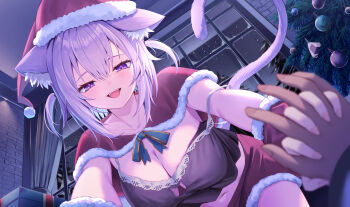 1girl 1other :d absurdres ahoge animal_ears black_camisole blurry blurry_foreground breasts camisole capelet cat_cutout cat_ears cat_girl cat_tail christmas_tree cleavage cleavage_cutout clothing_cutout commentary_request crop_top crossed_bangs double-parted_bangs fur-trimmed_headwear fur-trimmed_shorts fur_trim girl_on_top hair_between_eyes hat highres holding_hands hololive indoors interlocked_fingers large_breasts medium_hair midriff navel nekomata_okayu nekomata_okayu_(membership) night official_alternate_costume official_alternate_hairstyle open_mouth pom_pom_(clothes) purple_eyes purple_hair red_capelet red_hat red_shorts santa_hat short_shorts shorts smile solo strap_slip tail teeth togemaru34 two_side_up upper_teeth_only virtual_youtuber