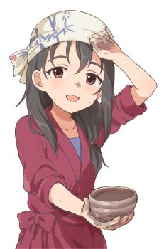 Rule 34 | 1girl, black hair, blue shirt, blush, bow, brown eyes, buchi (y0u0ri ), collarbone, fujiwara hajime, headscarf, highres, idolmaster, idolmaster cinderella girls, idolmaster cinderella girls starlight stage, long hair, looking at viewer, open mouth, pottery, samue, shirt, simple background, smile, solo, sweat, waist bow, white background, white headscarf
