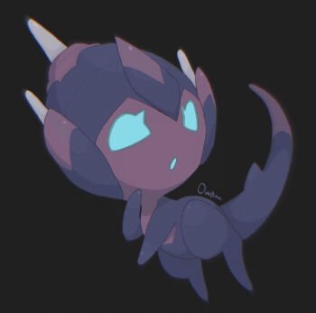 absurdres black_background blue_eyes commentary_request floating full_body gen_7_pokemon grey_background highres nintendo no_humans open_mouth ouran poipole pokemon pokemon_(creature) signature simple_background solo ultra_beast