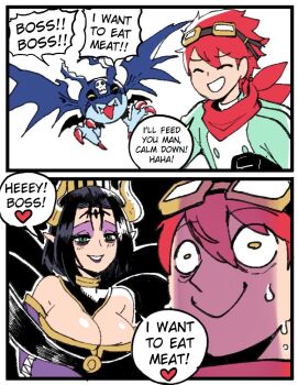 ! 1boy 1girl :&gt; :3 bare_shoulders before_and_after between_breasts black_hair breasts cleavage demon_girl digimon digimon_(creature) digimon_story:_time_stranger english_text facial_mark female_pervert from_side gameplay_mechanics hetero horns large_breasts lilithmon lipstick long_hair looking_at_another makeup medium_hair nervous_smile pervert picodevimon ponytail pun red_hair seductive_gaze seductive_smile sexually_suggestive shaded_face shiny_skin short_hair simple_background smile speech_bubble strapless surprised tall_female thought_bubble upper_body very_long_hair wanderjegson what white_background wings you_gonna_get_raped yuuki_dan