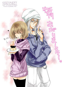 1boy 1girl aoki_yuriko bakuman black_thighhighs blonde_hair blush closed_eyes dress eating food fukuda_shinta hand_in_pocket hood hoodie kanna_(plum) pairing pudding sweatdrop thighhighs translation_request white_hair zettai_ryouiki