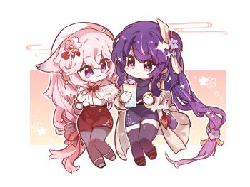 2girls animal_ears black_dress black_pantyhose black_thighhighs blue_pupils blunt_bangs bow braid brown_coat chibi chibi_only chinese_commentary closed_mouth coat collared_coat couple cup disposable_cup dress fan_hair_ornament flower_ornament fox_ears fox_girl bad_tag full_body genshin_impact gradient_hair hair_between_eyes hair_bow hair_ornament hat highres holding holding_cup light_blush light_smile long_braid long_hair long_sleeves looking_at_another looking_to_the_side mole mole_under_eye multicolored_eyes multicolored_hair multiple_girls official_alternate_costume pantyhose purple_eyes raiden_shogun raiden_shogun_(autumn_pop-up_store) red_skirt shade single_braid skirt thighhighs yae_miko yae_miko_(autumn_pop-up_store) yuanjia_you_zhi_zhigengniao yuri