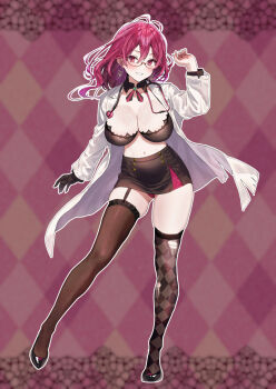 Rule 34 | 1girl, argyle background, argyle clothes, argyle thighhighs, arm up, asymmetrical legwear, black bra, black gloves, black shoes, black skirt, blurry, blurry background, bra, breasts, brown thighhighs, cleavage, collarbone, commentary request, copyright request, depth of field, full body, garter straps, glasses, gloves, hair between eyes, highres, lab coat, large breasts, long hair, long sleeves, looking at viewer, mismatched legwear, navel, open clothes, panties, purple hair, purple panties, red-framed eyewear, red eyes, semi-rimless eyewear, shoes, single glove, skirt, smile, solo, standing, stethoscope, stethoscope around neck, thighhighs, tomozero, torn clothes, torn thighhighs, under-rim eyewear, underwear, virtual youtuber