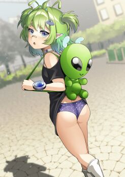 1girl 364ing alien antennae ass backpack bag bandaid bandaid_on_face bandaid_on_nose bare_shoulders black_shirt blue_eyes blush bug collar constellation constellation_print day detached_wings ferumi_kaipa green_hair hair_intakes hair_ornament highres indie_virtual_youtuber insect_wings looking_at_viewer looking_back loose_socks no_pants off_shoulder oversized_clothes panties petite pointy_ears shadow shirt socks strap thighs twintails underwear virtual_youtuber watch wings wristwatch