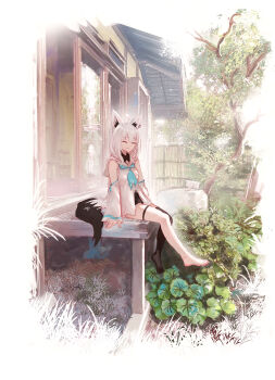 1girl absurdres advarcher ahoge animal_ear_piercing animal_ears backyard barefoot black_shorts black_thighhighs blue_neckerchief braid closed_eyes closed_mouth commentary day detached_sleeves feet fox_ears fox_girl fox_tail front_slit full_body highres hololive hood hooded_vest hoodie house long_hair neckerchief no_shoes outdoors pentagram shirakami_fubuki shirakami_fubuki_(1st_costume) short_shorts shorts side_braid sidelocks single_bare_foot single_thighhigh sitting smile solo strapless tail thighhighs tree vest virtual_youtuber white_hair white_sleeves wide_sleeves