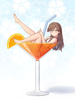1girl absurdres arashio_(kancolle) bikini blue_background brown_eyes brown_hair cocktail_glass commentary_request cup drinking_glass drinking_straw floral_background highres kantai_collection konato_k long_hair mini_person minigirl orange_slide oversized_object sitting smile solo swimsuit white_bikini