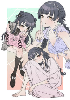 Rule 34 | absurdres, barefoot, black hair, black shoes, bow, bowtie, braid, breasts, choker, cleavage, commentary request, dress, frilled shirt, frills, hair bun, hairband, highres, idolmaster, idolmaster shiny colors, jirai kei, long hair, looking at viewer, mayuzumi fuyuko, midriff, naga-agan, one eye closed, shirt, shoes, short sleeves, sitting, skirt, twin braids, yellow eyes