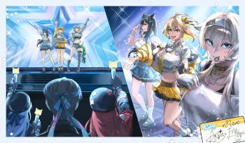 1boy 5girls absurdres animal_ear_fluff anis_(nikke) anis_(star)_(t.t._star)_(nikke) black_hair blonde_hair blue_eyes blue_ribbon border bracelet character_signature charm_(object) cleavage_cutout clothing_cutout commander_(nikke) crop_top fingerless_gloves gloves goddess_of_victory:_nikke grey_hair hair_ribbon hat headband headset highres idol jacket jewelry kkaijju layered_skirt long_hair mint_(nikke) multiple_girls necktie neon_(nikke) neon_(vision_eye)_(nikke) prika_(nikke) rapi_(nikke) rapi_(red_hood)_(nikke) red_hair ribbon shirt short_hair single_thighhigh skirt sleeveless socks stage standing t.t._star_(nikke) thighhighs torn_clothes torn_thighhighs white_border white_shirt white_socks yellow_eyes yellow_jacket yellow_necktie yellow_skirt