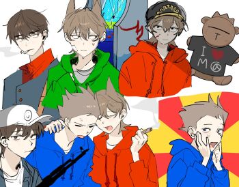 4boys anger_vein animification annoyed arcade_cabinet bad_id bad_twitter_id bandage_on_cheek baseball_cap blood blood_on_face blue_coat blue_eyes borrowed_clothes brown_eyes brown_hair cigar cigarette closed_eyes clothes_writing coat combat_helmet commentary cosplay drawstring edd_(eddsworld) edd_(eddsworld)_(cosplay) eddsworld flipped_hair fun_dead_kid_(eddsworld) green_hoodie grey_eyes grey_shirt gun hair_ears hand_on_another's_shoulder hashtag-only_commentary hat helmet holding holding_cigar holding_gun holding_weapon hollow_eyes hood hood_down hoodie implied_yaoi jacket jitome kupot long_sleeves looking_at_viewer looking_to_the_side male_focus matt_(eddsworld) matt_(eddsworld)_(cosplay) multiple_boys multiple_views official_alternate_eye_color open_clothes open_jacket open_mouth oversized_clothes paul_(eddsworld) pickelhaube red_army_logo_(eddsworld) red_hoodie red_sweater shirt simple_background sketch sleeves_past_wrists smoking spiked_hair stuffed_animal stuffed_toy sweat sweater teddy_bear thick_eyebrows tom_(eddsworld) tomee_bear_(eddsworld) tord_(eddsworld) turtleneck turtleneck_sweater weapon white_background white_hat white_shirt