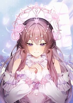 1girl artist_self-insert bare_shoulders brown_hair bug butterfly choker circlet closed_mouth commission downturned_eyes dress eyelashes flower frilled_choker frilled_dress frilled_sleeves frills gold_necklace hair_between_eyes hair_flower hair_ornament halo halo_behind_head happy indoors infinity_nikki insect jewelry layered_sleeves light_blush light_particles light_rays long_hair long_sleeves looking_at_hands miviy19 necklace nikki_(series) off-shoulder_dress off_shoulder official_alternate_color original own_hands_clasped own_hands_together praying purple_choker purple_dress purple_eyes purple_flower purple_rose rose second-party_source short_over_long_sleeves short_sleeves sidelocks sleeves_past_wrists smile solo sparkle straight-on upper_body very_long_hair window wishful_aurosa_(infinity_nikki)