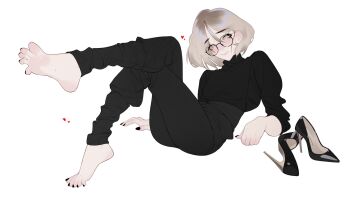 Rule 34 | 1girl, barefoot, black nails, black pants, black shirt, black shoes, blonde hair, breasts, character request, closed mouth, clyankzz, copyright request, crossed legs, feet, full body, grey eyes, hair between eyes, heart, high heels, highres, knees together feet apart, looking at viewer, medium hair, pants, round eyewear, shirt, shoes, simple background, sitting, small breasts, smile, soles, solo, spread toes, stiletto heels, toes, unworn shoes, white background