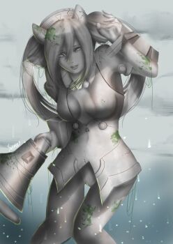 Rule 34 | 1girl, arm up, blurry, blurry background, breasts, covered erect nipples, crack, dress, grey background, hat, highres, holding, holding megaphone, knees together feet apart, looking at viewer, medium breasts, megaphone, moss, neptune (series), orange heart (neptunia), petrification, plant, rain, solo, statue, svikey02, twintails, vines