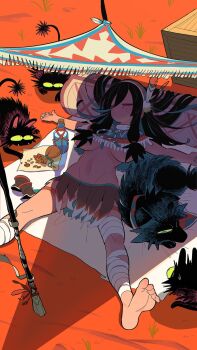 1girl animal bandaged_leg bandages barefoot black_hair blue_hair blue_nails blush bottle breasts cat commentary_request crate crop_top dreamcatcher feathers food gashi-gashi hair_between_eyes highres large_breasts long_hair lying native_american on_back original parted_lips sidelocks skirt sleeping solo spread_legs stomach thigh_strap wolf