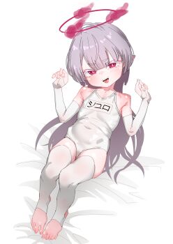 1girl absurdres blue_archive blush covered_navel feet female_focus flat_chest grey_hair halo highres legs loli long_hair looking_at_viewer one-piece_swimsuit pointy_ears red_eyes samus123 school_swimsuit shuro_(blue_archive) smile solo swimsuit thighhighs thighs toeless_legwear toes white_swimsuit white_thighhighs