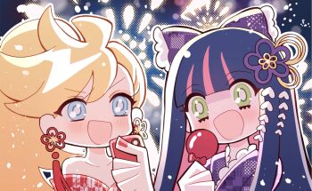 2girls ben-day_dots blonde_hair blue_eyes blue_hair bow candy colored_inner_hair fireworks food frilled_bow frilled_kimono frills gingham_bow gingham_kimono green_eyes highres holding holding_candy holding_food japanese_clothes kimono long_hair multicolored_hair multiple_girls night open_mouth panty_&amp;_stocking_with_garterbelt panty_(psg) pink_streaks ponytail purple_bow purple_kimono red_kimono red_nails screentones siblings sisters stocking_(psg) tukinoyoru336 yukata