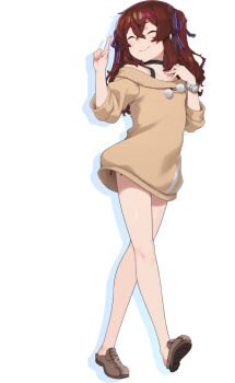 Rule 34 | 1girl, bare legs, brown hair, closed eyes, dress, full body, hans.b, index finger raised, long hair, maitoko yuri, panty straps, smile, solo, sweater, sweater dress, tachi-e, teikan no eve bethel, transparent background