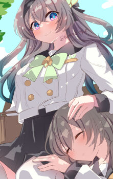 2girls black_hairband black_ribbon bow bowtie buttons closed_mouth commentary_request double-breasted firefly_(honkai:_star_rail) firefly_(spring_missive)_(honkai:_star_rail) gradient_eyes gradient_hair green_bow green_bowtie green_pants grey_hair grey_skirt hair_between_eyes hair_intakes hair_ornament hair_ribbon hairband honkai:_star_rail honkai_(series) lap_pillow leaf long_hair multicolored_eyes multicolored_hair multiple_girls pants pleated_skirt ribbon shirt skirt smile stelle_(honkai:_star_rail) thighhighs tomoe_(pixiv_53856103) trailblazer_(honkai:_star_rail) twitter_username white_shirt white_thighhighs