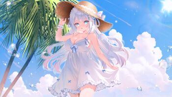 Rule 34 | 1girl, :d, alternate costume, angel wings, blue eyes, blue ribbon, blunt bangs, blush, bracelet, braid, breasts, cleavage, cloud, cloudy sky, collarbone, commentary request, commission, cowboy shot, crown braid, day, detached wings, dress, frilled dress, frills, garimayo, grey scrunchie, hair ornament, hair rings, hand on headwear, hand on own hat, hat, heart, heart in eye, highres, holding own dress, indie virtual youtuber, jewelry, large breasts, long hair, looking at viewer, mini wings, open mouth, outdoors, palm tree, pearl hair ornament, ribbon, scrunchie, shiroha nemu, short dress, sideboob, skeb commission, sky, smile, solo, spaghetti strap, star (symbol), star hair ornament, straw hat, sun hat, symbol in eye, tree, virtual youtuber, water drop, white dress, wings, wrist scrunchie