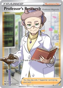 1girl artist_name book cane card_(medium) character_name closed_mouth coat company_name copyright_name copyright_notice english_text glasses green_eyes hairband holding holding_book holding_cane jewelry kirisaki_(gin16k) lab_coat professor_magnolia necklace nintendo official_art old old_woman open_book open_clothes open_coat pokemon pokemon_card pokemon_tcg shirt short_hair smile solo third-party_source trading_card triangular_eyewear white_coat wrinkled_skin yellow_shirt