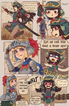 3girls absurdres armor basedbinkie black_hair blonde_hair blue_eyes blush broken broken_sword broken_weapon brown_eyes club club_(weapon) colored_skin comic cuirass damage_numbers embarrassed english_text eye_trail eyeshadow flayne_(basedbinkie) full_armor gauntlets green_hair green_skin hair_between_eyes helmet highres holding holding_club holding_sheath holding_sword holding_weapon japanese_armor kabuto_(helmet) kanabou katana keiko_matsumori_(basedbinkie) knight light_trail long_hair looking_up makeup multiple_girls original parted_lips pauldrons petals red_eyeshadow samurai sancha_gobzales_(basedbinkie) sheath sheathing shoulder_armor smile sode speech_bubble surprised sword visor_(armor) weapon