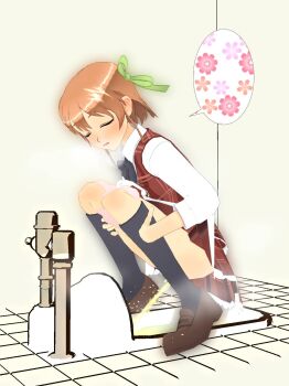1girl 3d bathroom black_bow black_bowtie black_socks blush bow bowtie breath brown_hair brown_shoes closed_eyes dress flower hair_ribbon highres kneehighs kojimanx long_sleeves open_mouth original panties panty_pull peeing pink_panties plaid_clothes plaid_dress red_dress relief ribbon school_uniform shirt shoes short_hair sleeveless sleeveless_dress socks speech_bubble spoken_flower squat_toilet squatting steam toilet toilet_use underwear white_shirt