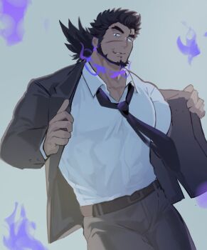 Rule 34 | 1boy, bara, beard, black hair, blue fire, chinstrap beard, collared shirt, commentary request, cowboy shot, dark-skinned male, dark skin, facial hair, facial scar, fire, forked eyebrows, formal clothes, highres, large pectorals, looking at viewer, loose necktie, male focus, mature male, momodayuu4, muscular, muscular male, mustache stubble, necktie, pectoral cleavage, pectorals, purple fire, sandayu (housamo), scar, scar on cheek, scar on face, seductive smile, shirt, smile, smirk, solo, stubble, suit, thick eyebrows, tokyo houkago summoners, undressing