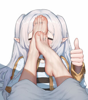 Rule 34 | 2girls, barefoot, blush, closed eyes, elf, feet, fern (sousou no frieren), foot focus, foot on another's face, frieren, grey hair, jewelry, multiple girls, pointy ears, simple background, sousou no frieren, thumbs up, toe ring, toes, twintails, wd (1106592840), white background, yuri