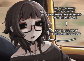 Rule 34 | 1girl, absurdres, bare shoulders, black-framed eyewear, black choker, black eyes, black hair, black shirt, blunt bangs, choker, collarbone, commentary, cross, cross earrings, cross necklace, ear piercing, earrings, english commentary, english text, glasses, hair ornament, hairclip, highres, jewelry, looking at viewer, medium hair, mikuneki, necklace, off-shoulder shirt, off shoulder, open mouth, original, parallel hairclips, piercing, riyo kaede (mikuneki), sad, semi-rimless eyewear, shirt, solo, speech bubble, talking, under-rim eyewear, upper body