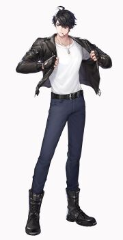 1boy absurdres adjusting_clothes ahoge artist_request belt black_belt black_boots black_gloves black_hair black_jacket black_pants boots commentary commentary_request crow_(king&#039;s_raid) english_commentary fingerless_gloves full_body gloves hair_over_one_eye highres jacket jewelry king&#039;s_raid korean_commentary leather leather_jacket mixed-language_commentary necklace official_alternate_costume official_art one_eye_covered pants purple_eyes ring ring_necklace second-party_source shirt short_hair simple_background solo toothpick white_background white_shirt