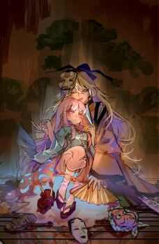 Rule 34 | 2girls, absurdres, black hat, black trim, blonde hair, blue shirt, bow, bowtie, breasts, bright pupils, brown sleeves, brown tabard, chinese commentary, closed mouth, commentary request, detached sleeves, geta, green skirt, hand fan, hat, hata no kokoro, highres, holding, holding fan, hyottoko mask, long hair, long sleeves, mask, matara okina, multiple girls, noh mask, okina mask, okobo, one eye closed, oni mask, pink eyes, pink hair, pink shirt, platform sandals, red bow, red bowtie, sandals, shirt, shouxishao jiuyuan, sitting, skirt, small breasts, smile, socks, tabard, touhou, white pupils, white socks, wide sleeves, yellow eyes